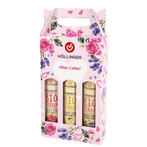 HÃ¶llinger Alles Liebe Geschenkbox in pink mit Rosen- und LavendelblÃ¼ten.