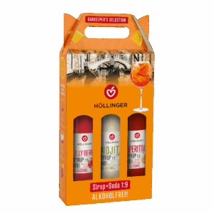HÃ¶llinger's Geschenkskarton in Orange mit einem Aperitivo Glas und der RialtobrÃ¼cke in Venedig im Hintergrund.
